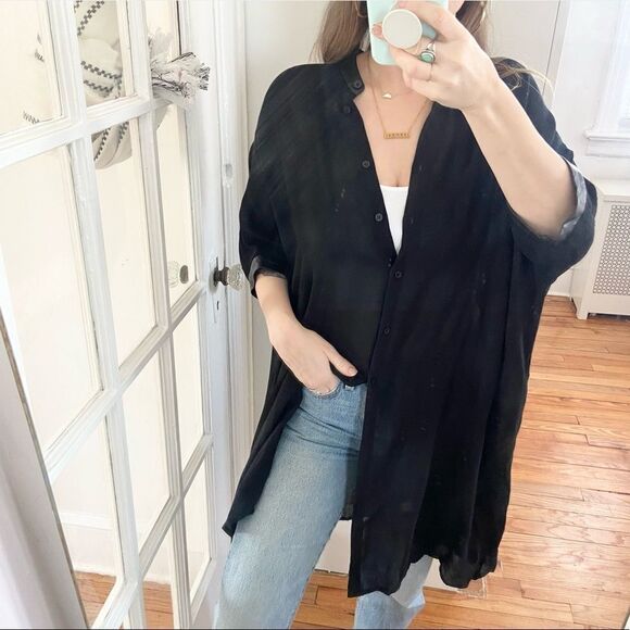 & Other Stories Sheer Short Sleeve Leather Trim Button Down Size Small - Picture 3 of 10